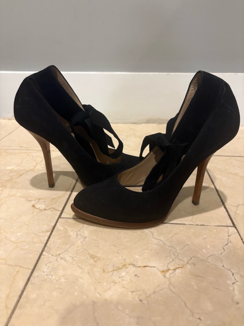 Celine Black Suede Stiletto Pumps with Ankle Tie